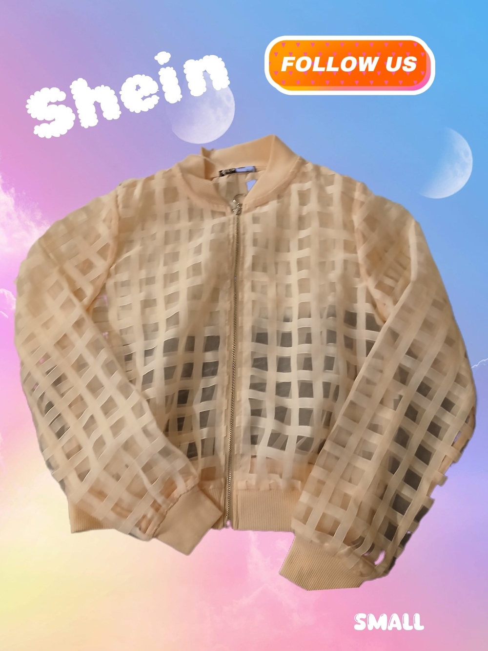 SHEIN Light Pink Sheer Grid Sheer Bomber Jacket